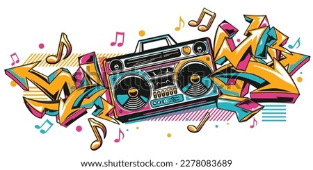 Musical boom box tape recorder  with colorful  funky graffiti arrows and notes Royalty-Free Stock Photo #2278083689