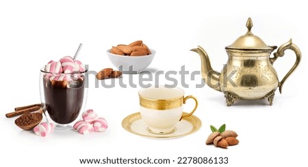 Colorful digital wall tiles design for kitchen, design set of elegant and traditional teapot colorful white gold coffee Tea cup on cup's plate beside the hot tea pot. Royalty-Free Stock Photo #2278086133