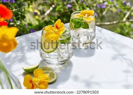 Iced lemonade with edible nasturtium flowers, lime and mint leaves. Refreshing summer drink. Healthy organic summer soda drink. Detox water. Diet unalcolic coctail. Royalty-Free Stock Photo #2278091503