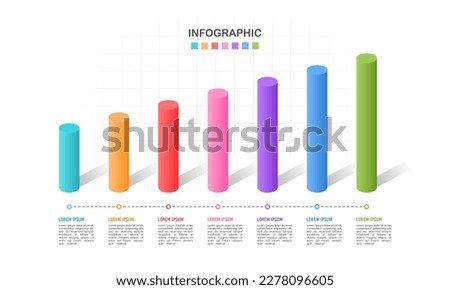 7 Bars chart 3D graph timeline business statistics. The report, Presentation, Data, Milestone, and Infographic. Vector illustration.