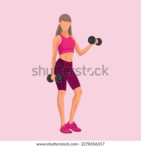 Faceless fitness Caucasian woman in sportswear standing and doing a workout with the dumbbells. Workout and sports training concept. Vector illustration Royalty-Free Stock Photo #2278106317