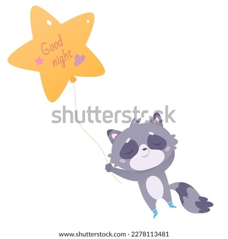Cute raccoon dreaming, flying on star with text Good night vector illustration. Cartoon baby animal holding balloon rope in paw, sleeping funny little adorable character in nursery to childs lullaby