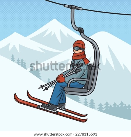 skier rides mountain on ski lift pinup pop art retro vector illustration. Comic book style imitation.