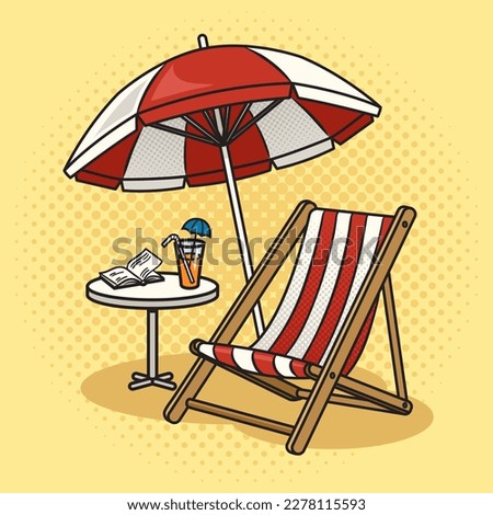 Beach deckchair beach parasol objects pinup pop art retro vector illustration. Comic book style imitation.