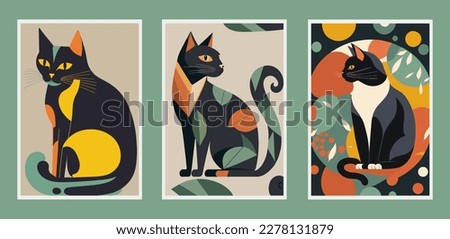 Set of vector illustrations with black cats and multicolored leaves. wall art print poster