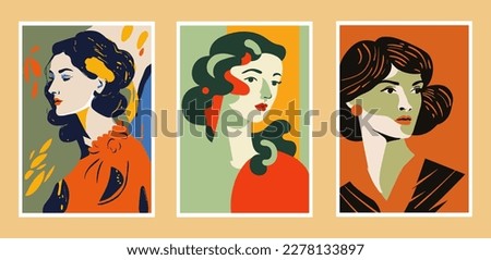 Vector set of posters with portraits of different women in retro style. wall art print poster