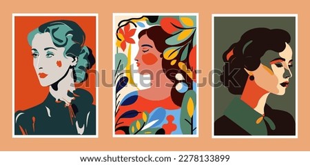 Set of abstract vector illustrations of portraits of beautiful women. Retro style. wall art print poster