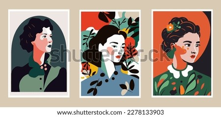 Set of posters with portraits of women. Vector illustration in flat style. wall art print poster