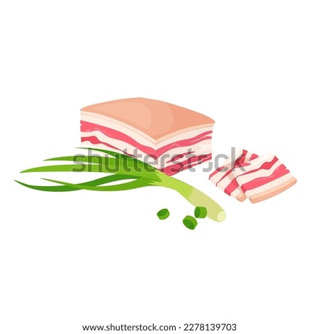 Vector lard and spring green onion. Bacon fillet, pork belly. Fresh meat. Royalty-Free Stock Photo #2278139703