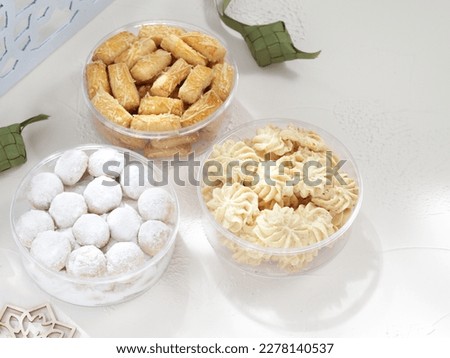 Assorted Indonesian Cookies for Eid al Fitr. such kaastengels, lidah kucing, semprit keju cookies. Royalty-Free Stock Photo #2278140537