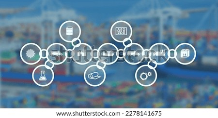 Graphic as a symbol image for a supply chain with icons and a photo of a container port in the background. Can be used as a header.