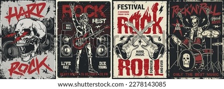 Rock fest colorful set posters with dead people playing electric guitar for fans of hard rock parties vector illustration