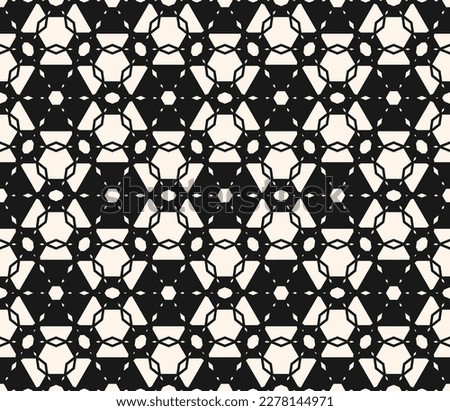 Vector geometric seamless pattern. Black and white texture with abstract grid, hexagons, lattice, net, floral silhouettes. Simple monochrome ornament background. Repeat design for decor, print, fabric