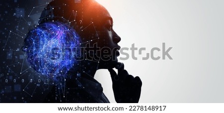 Profile of woman and data network concept. Artificial intelligence. Wide angle visual for banners or advertisements. Royalty-Free Stock Photo #2278148917