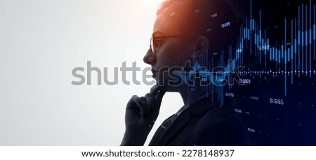 Profile of woman and financial technology concept. Artificial intelligence. Wide angle visual for banners or advertisements.