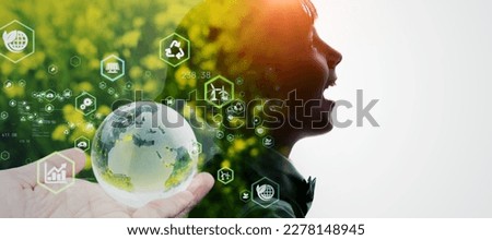 Little child silhouette and environment technology concept. Wide angle visual for banners or advertisements.
