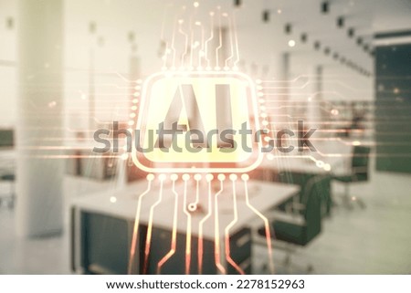 Double exposure of creative artificial Intelligence icon on modern corporate office background. Neural networks and machine learning concept