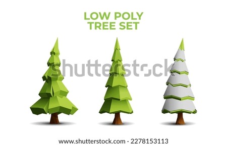 Collection of stylized low poly pine trees. Vector 3D Illustration.