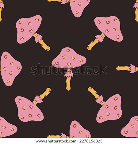 Cute pink mushrooms. Seamless pattern. Fly agaric with hearts. Retro cartoon style. Hippie design. Dark background.
