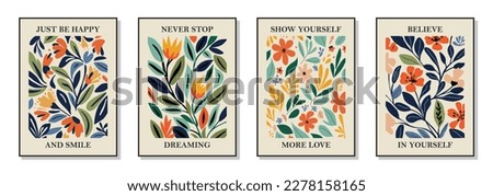 Set of 4 botanical Matisse inspired wall art posters, brochure, flyer templates, contemporary collage. Organic shapes, line floral pattern with positive motivational, inspirational quotes. Royalty-Free Stock Photo #2278158165