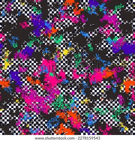 Abstract grunge seamless pattern. Urban art texture with paint splashes, chaotic strokes, spots, stains, checkered grid. Dirty graffiti vector background. Trendy repeat design in bright neon colors