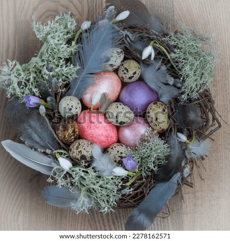 Colorful and decorative Easter mood picture with eggs and spring flowers