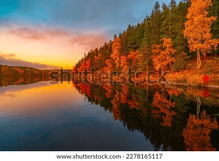 Peaceful forest lake in autumn sunset. Location: Steinbruvann, Oslo, Norway Royalty-Free Stock Photo #2278165117