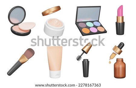 Cosmetics 3d icon set. Perfect look and beauty. powder, cream, makeup tools, lipstick, brush, foundation, mascara, face serum, Isolated icons, objects on a transparent background
