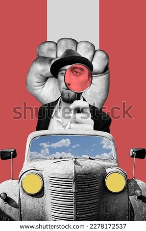 Digital collage with old rusty car and young bearded man	