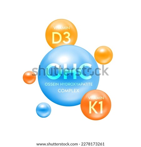 Vitamin D3, K1 and calcium minerals help treat osteoporosis. Ossein hydroxyapatite complex natural nutrients extracted from bovine bones food supplement bone joints. Medical concepts. 3D Vector. Royalty-Free Stock Photo #2278173261