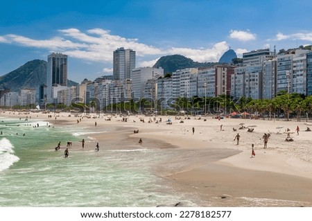 Copacabana beach in Rio de Janeiro, Brazil. Copacabana beach is the most famous beach in Rio de Janeiro. Sunny cityscape of Rio de Janeiro Royalty-Free Stock Photo #2278182577