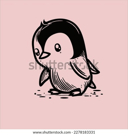 Cartoon Penguin icon, cute baby penguin animal vector illustration, pink background