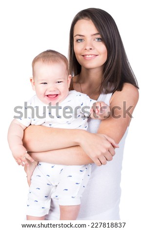 Picture of happy mother with adorable baby on the white background.