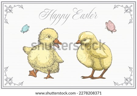Easter Greeting Card with Hand Drawn Cute Duckling and Chicken Vector Illustration. Little Birds Abstract Sketch. Spring Holiday Engraving Style Drawing Background. Isolated Royalty-Free Stock Photo #2278208371