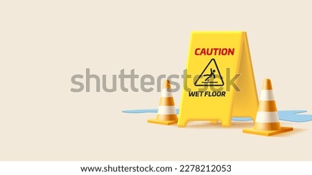 3d render illustration of yellow plastic wet floor sign with watter split and cones Royalty-Free Stock Photo #2278212053