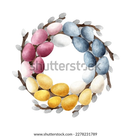 Watercolor hand painted illustration of a spring willow tree wreath with colored Easter eggs. Easter round frame isolated on a white background