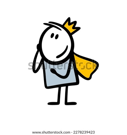 Sweet young prince looks into the distance in hope. Vector illustration of a cartoon stickman in love wearing a crown and a royal cloak.