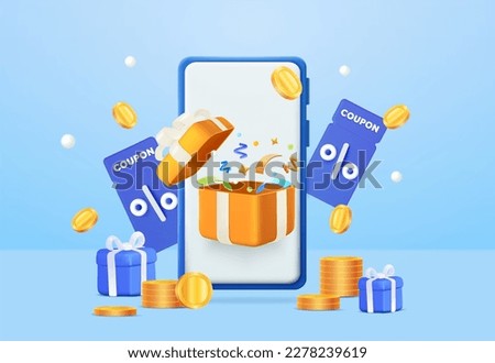 Blue smartphone with open gift box and discount voucher or coupon percentage sale, confetti, falling coins, gift box concept. Online shopping concept. sale promotion banner. 3d vector illustration Royalty-Free Stock Photo #2278239619