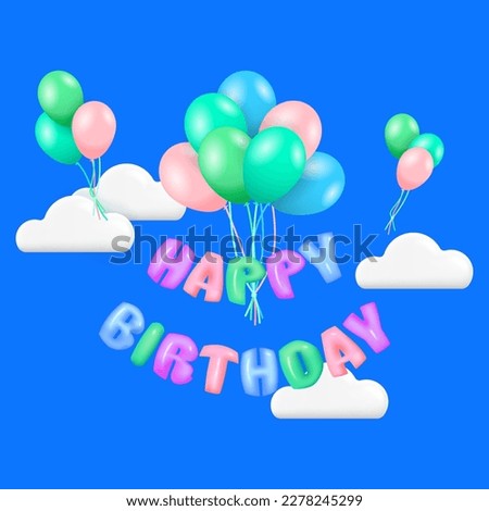 Flying colored balloons and 3D text Happy Birthday in the cloudy sky. Blue sky, white clouds and bundles of balloons