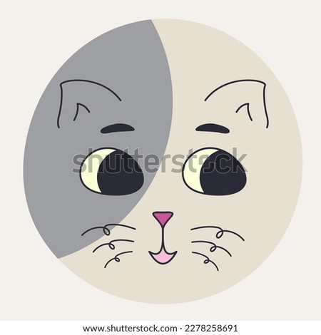 Personage design, cat clip art. Cute figure, abstract cat portrait with black eyes. Colorful character, cartoon face, social network message. Isolated on white
