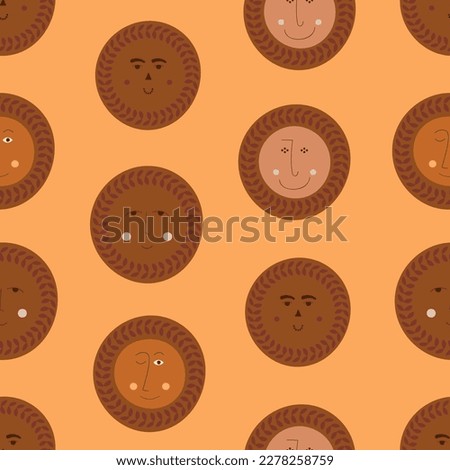 Seamless print, comical abstract faces. Repeatable background, lad droll portrait. Continuous flat vector illustration
