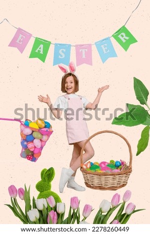 Little girl enjoy spring time Easter preparation gather pick eggs collect wicker basket see relatives tradition religion collage picture