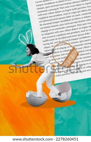 Vertical collage of young funny lovely girl Easter time shopping wear drawing cute bunny ears make step inside eggshell