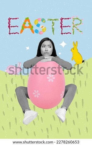 Illustration collage photo of young upset girl hugging big pink colored egg sitting grass hare park reservation miss her family
