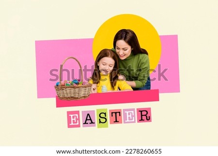 Mommy and daughter painting Easter eggs together for school duty task homework craft lesson decor for feast serving table collage