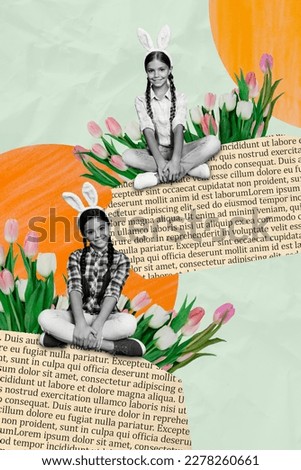 Vertical artwork collage of two pretty teen sisters Easter time wear cute bunny ears surrounded flowers creative drawing background
