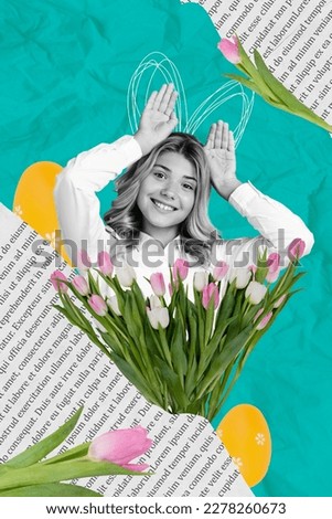 Vertical photo collage of pretty little girl celebrating spring time Easter making hands hare bunny ears big tulip bouquet graphics