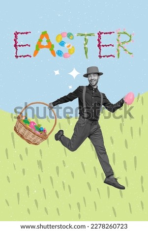 Happy easter composite artwork collage young guy well dressed going green field carry big feast basket painted eggs