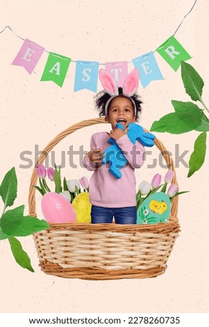 Small little girl holding big blue bunny toy wear hare ears stand inside wicker basket celebrate Easter holy blessing day collage