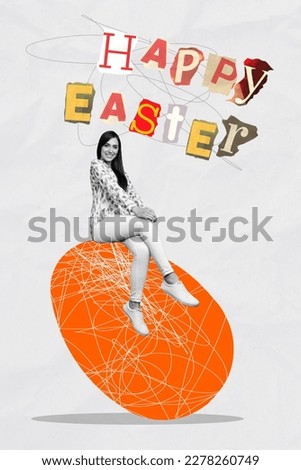 Vertical artwork collage of young girl sitting on handmade Easter painted egg wish happy Easter celebration family holiday